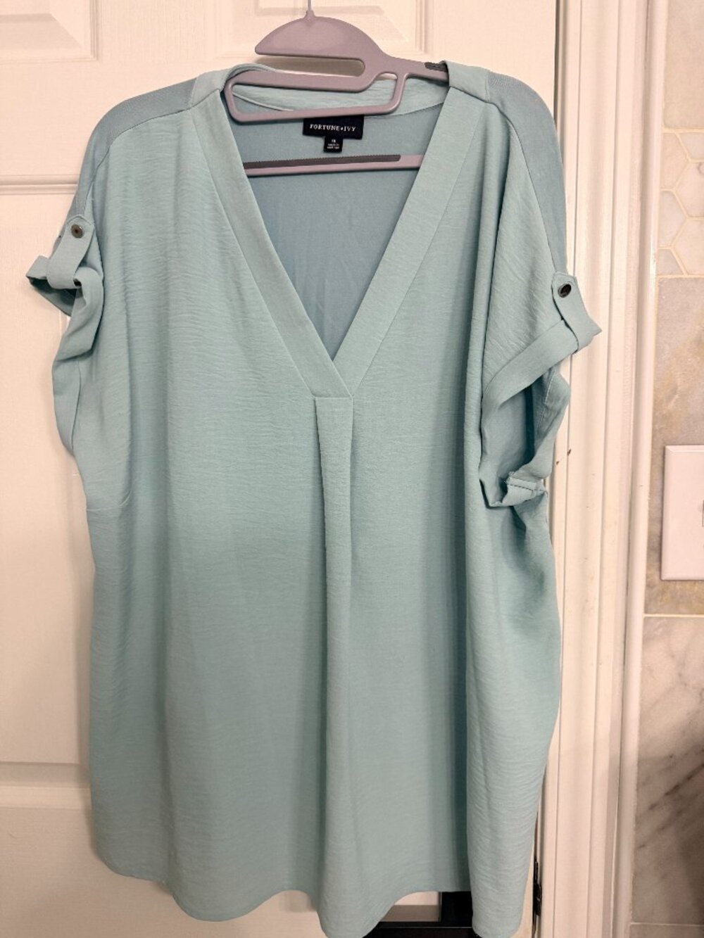 Fortune + Ivy Light Blue Textured Roll Tab V-Neck Blouse 1X